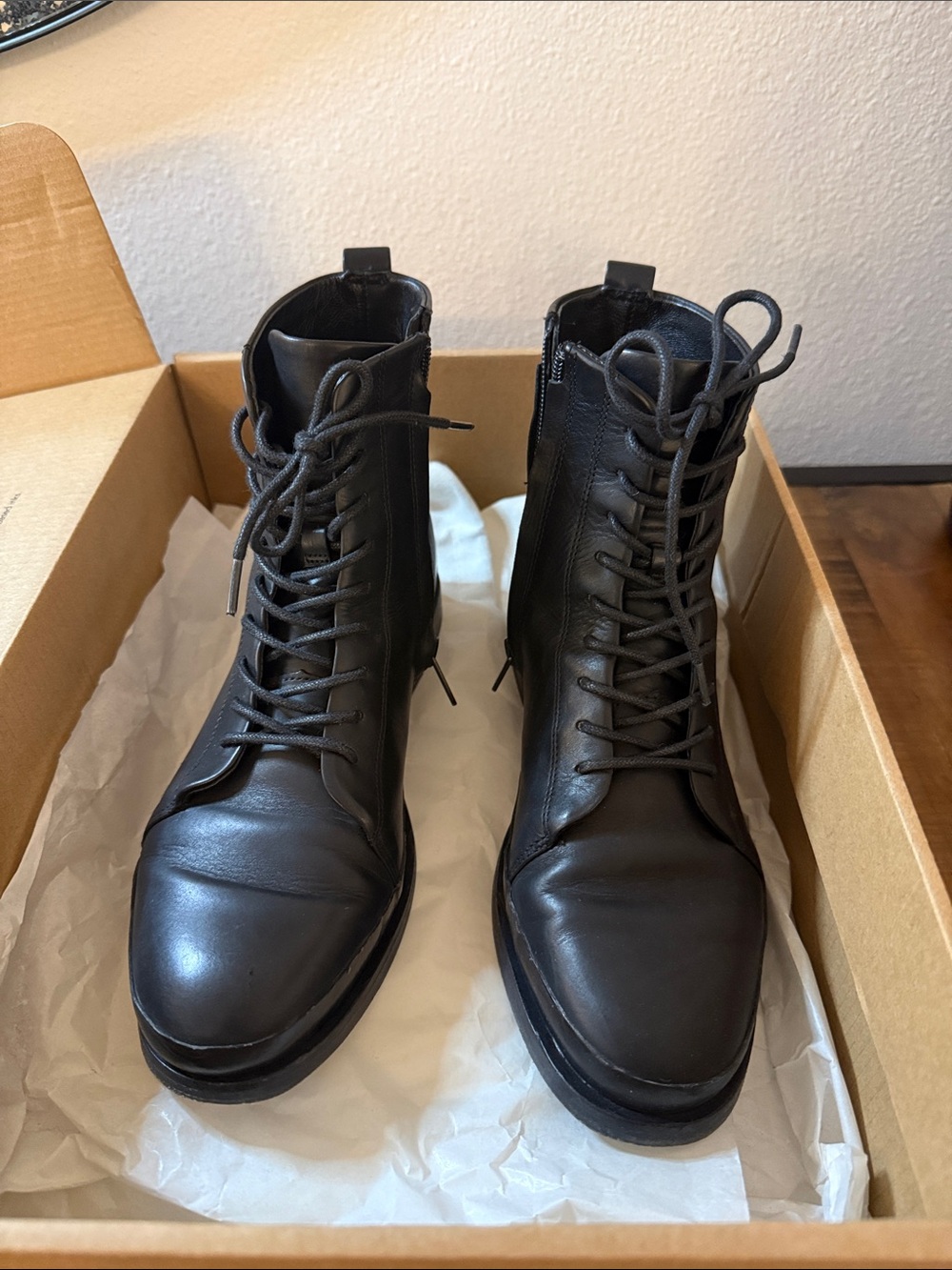 Vince women’s Cooper Black Leather Lace-Up Boots
